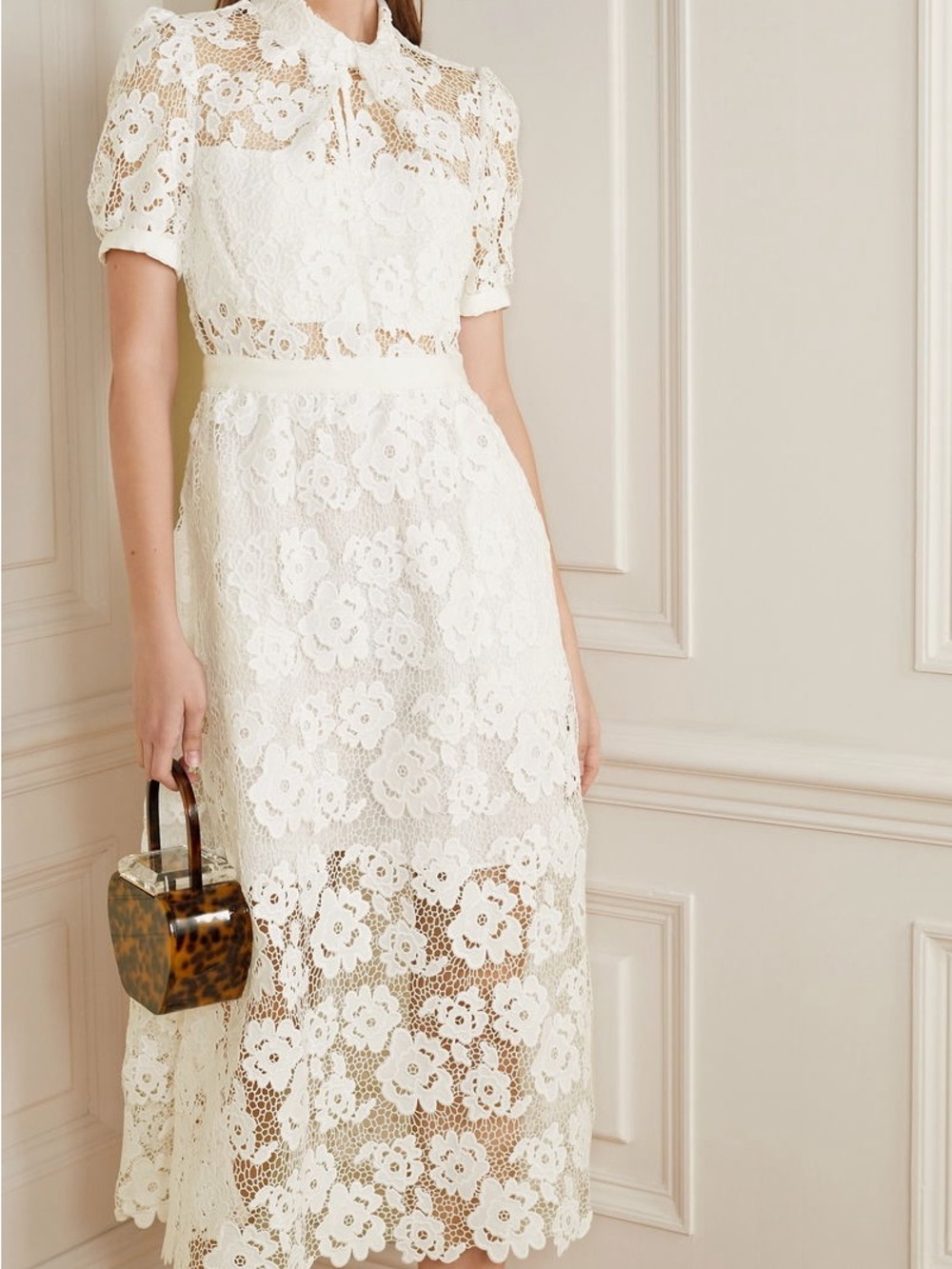 Self Portrait Grosgrain-Trimmed Guipure Lace Midi Dress